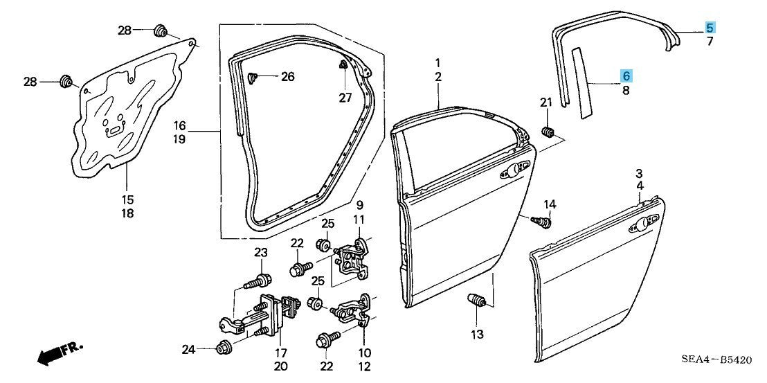 HONDA ACURA TSX 04-08 Genuine Rear Upper & Center Door Sash Tape Set RH