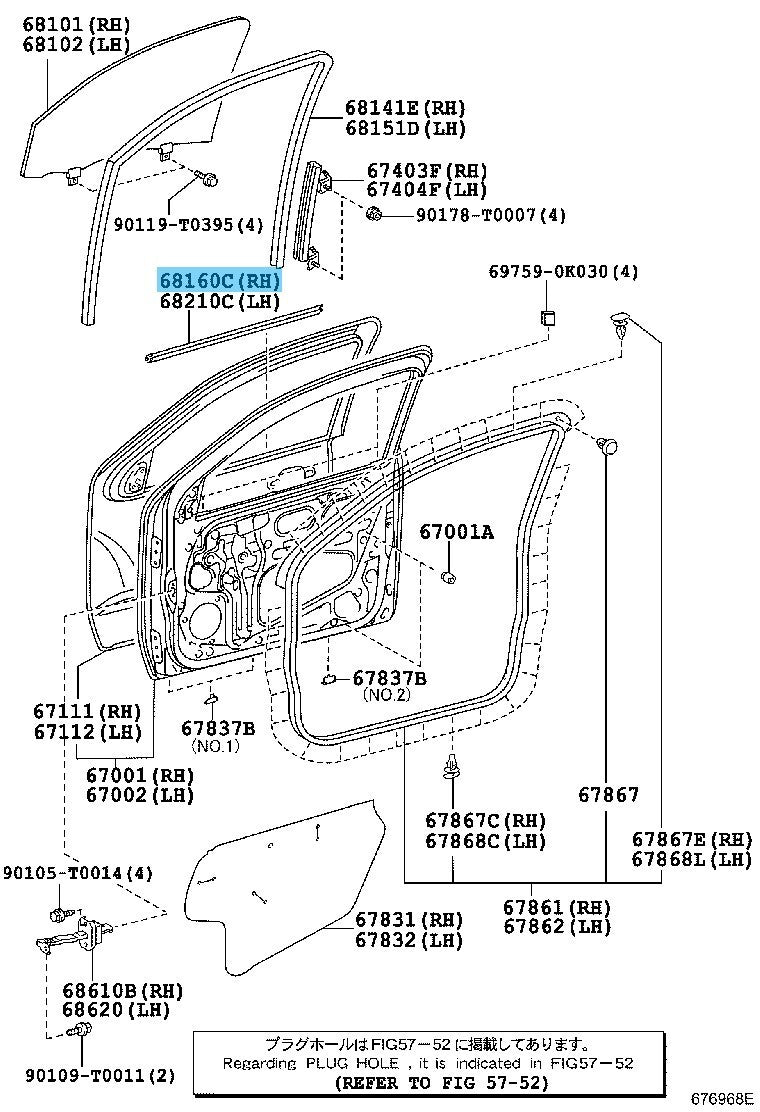 TOYOTA HILUX TGN15 Genuine Fr/Door Glass Weatherstrip Outer RH 68161-0K020 OEM