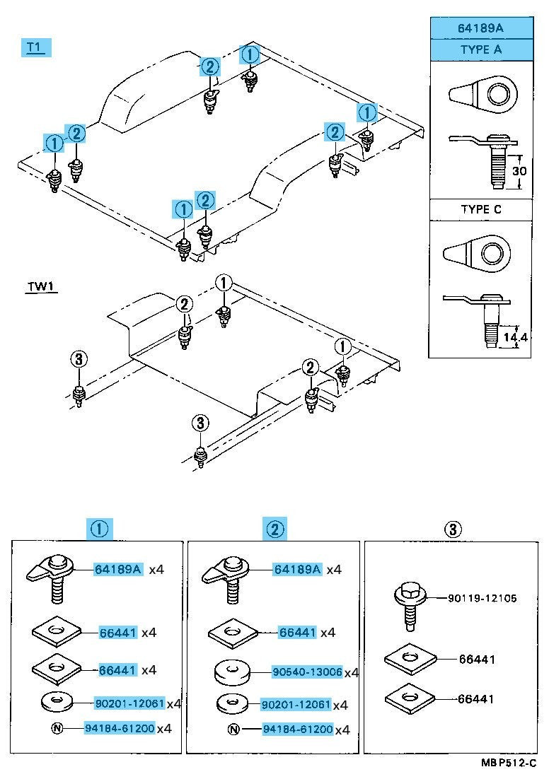 TOYOTA HILUX LN110 '93- Genuine R/Body Mounting Bolt & Shim & Washer & Nut Set