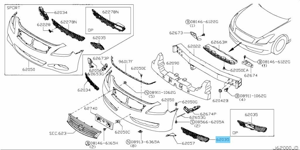 NISSAN Infiniti G37 V36 08-10 Genuine Front Fascia Finisher LH 62257-JL00B OEM