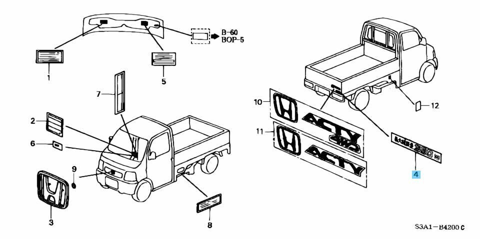 HONDA ACTY TRUCK HA# Genuine Maximum Load Capacity 350kg Sticker 75747-SJ6-000ZE