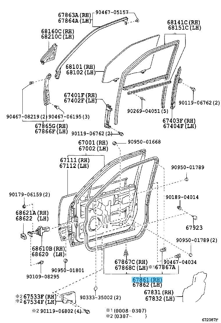 LEXUS LS430 UCF30 2001-2006 Genuine Front Door Weatherstrip RH 67861-50030 OEM
