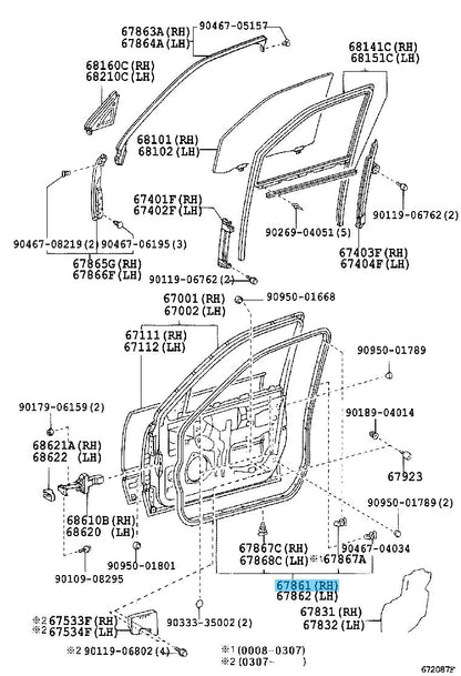 LEXUS LS430 UCF30 2001-2006 Genuine Front Door Weatherstrip RH 67861-50030 OEM