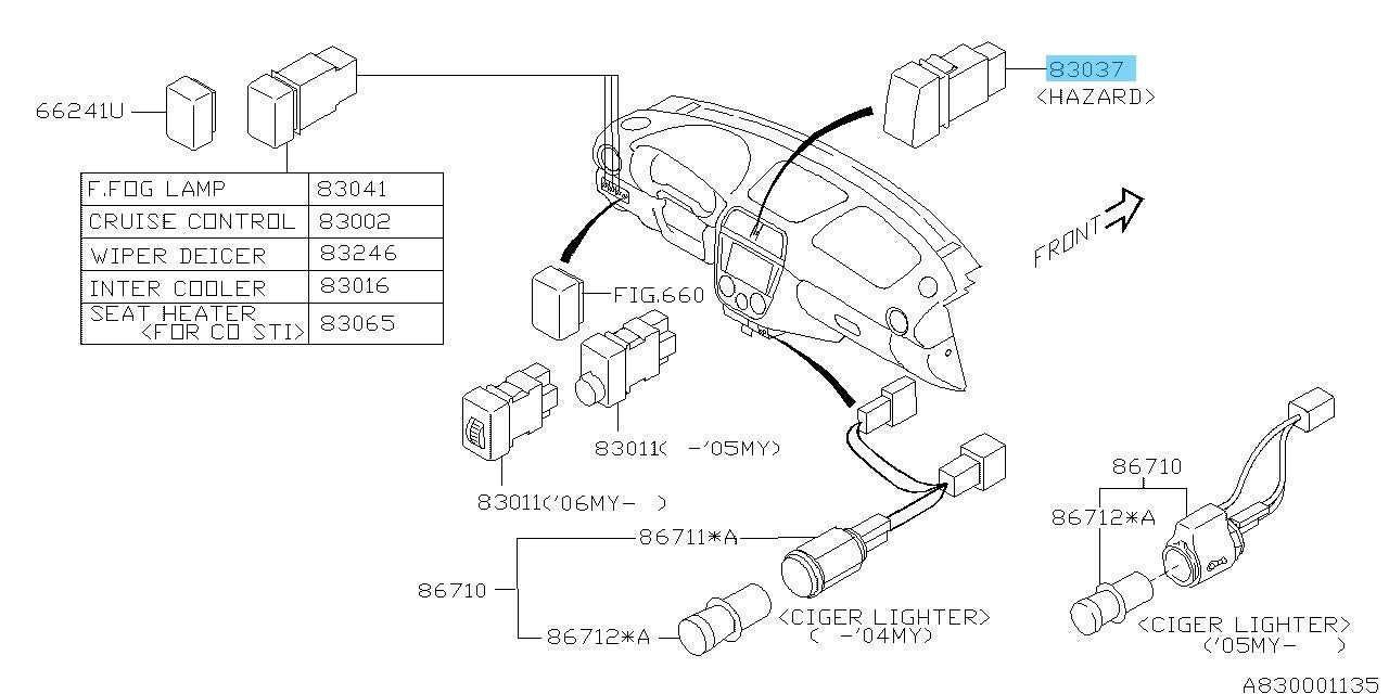 SUBARU IMPREZA WRX STI GD 2007 Genuine Hazard Switch Assembly 83037FE030 OEM