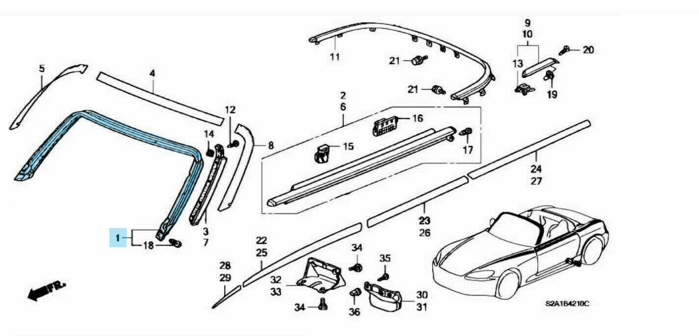 HONDA S2000 AP# 00-09 Genuine Front Roof Pillar Weatherstrip 72320-S2A-043 OEM