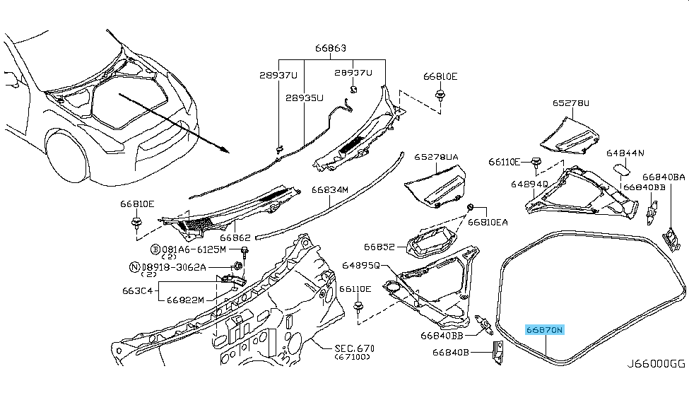 NISSAN GT-R R35 2011-2022 Genuine Cowl Top Cover Rubber Seal 66870-JF10A OEM