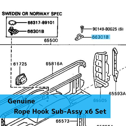 TOYOTA HILUX LN110 1993-1995 Genuine Rope Hook Sub-Assy 66312-35010 x6 Set OEM