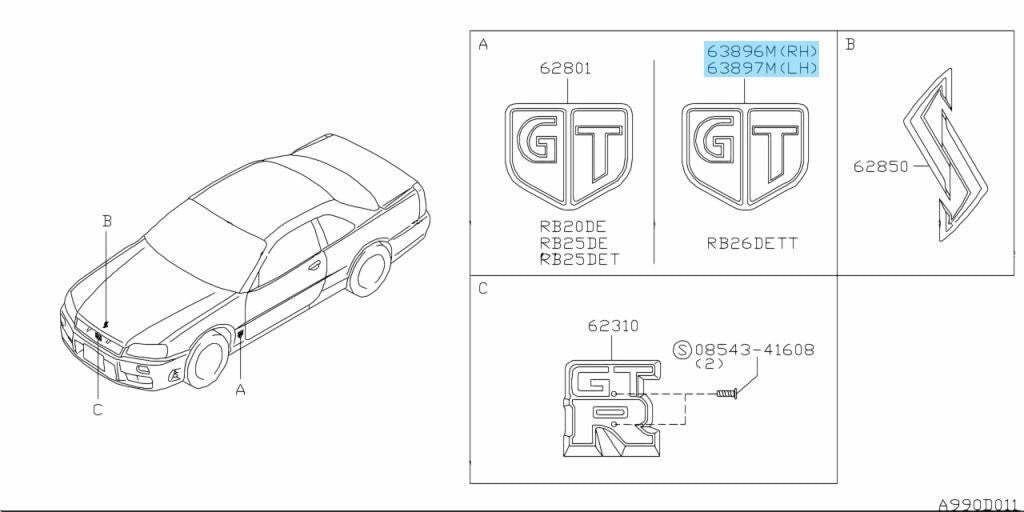 NISSAN SKYLINE GT-R BNR34 R34 Genuine Side Fender "GT" Emblem Badge R&L Set OEM