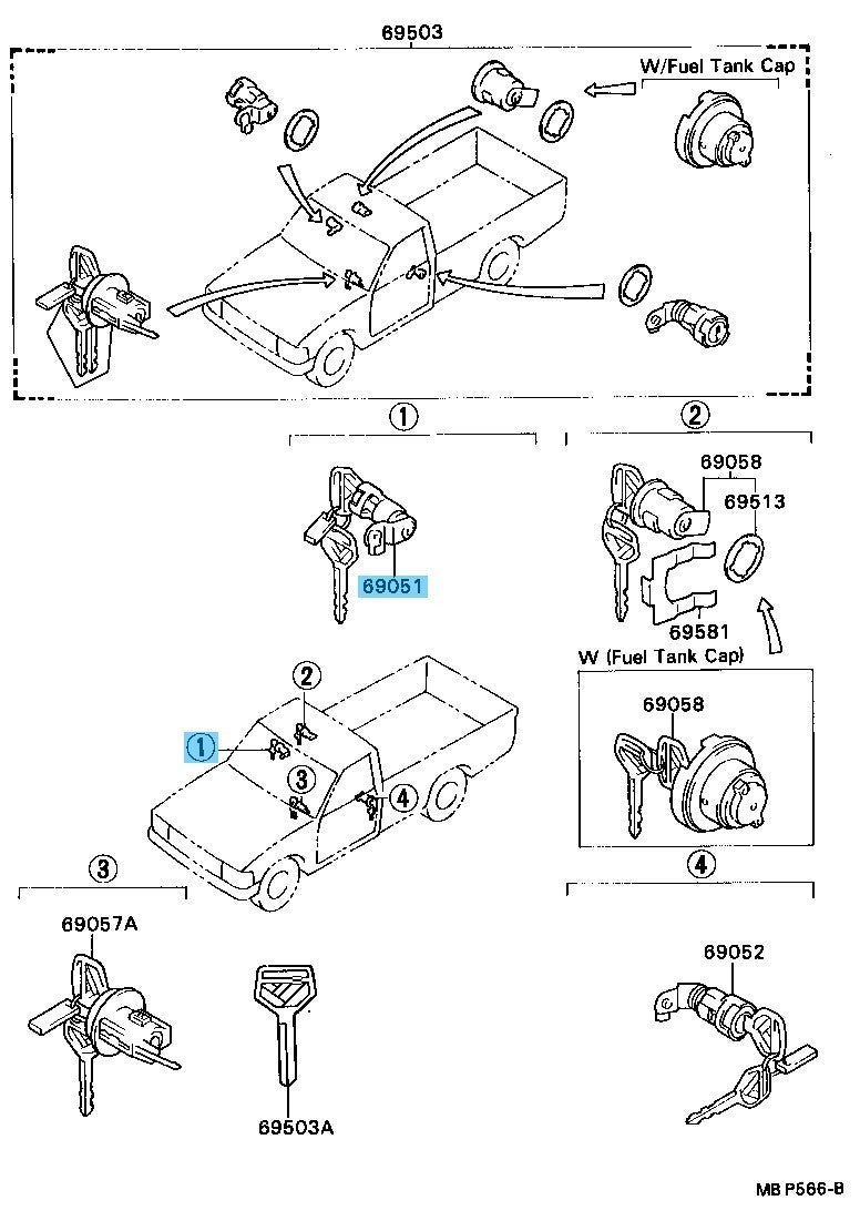 TOYOTA HILUX LN110L '89-97 Genuine Door Lock Cylinder & Key Set RH 69051-35050