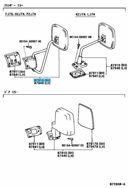 TOYOTA LAND CRUISER BJ70 HZJ70 Genuine Outer Rear View Mirror RH 87910-90K02 OEM