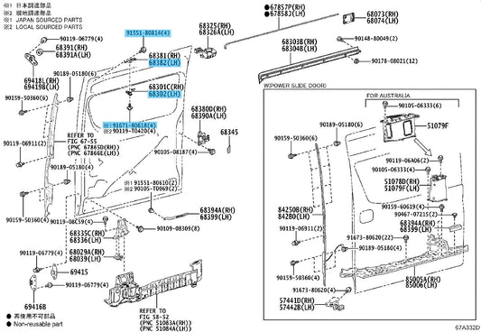 TOYOTA GRNVA GDH30# GDH32# Genuine Slide Door Upper Roller & Arm & Bolt LH Set