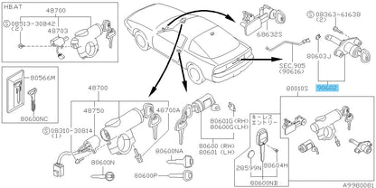 NISSAN 180SX S13 89-98 Genuine Back Door Lock Cylinder Key Set 90600-60F25 OEM