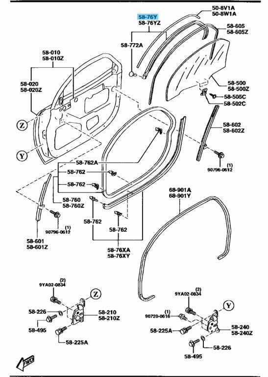 MAZDA RX-7 FD3S 93-95 Genuine Front Door Glass  Weatherstrip RH FD01-58-76YJ OEM