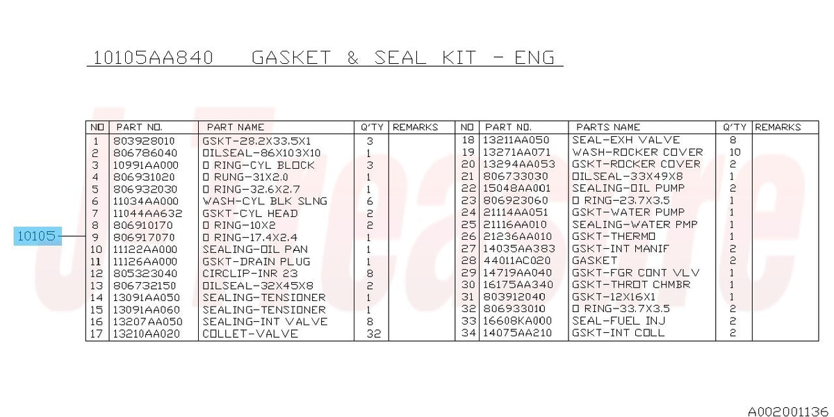SUBARU OUTBACK BPE 2005-2009 Genuine Engine Gasket And Seal Kit 10105AA790 OEM