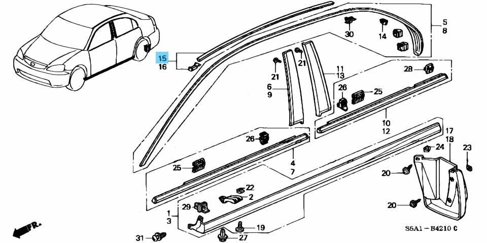 HONDA CIVIC 4Door ES# 00-05 Genuine Roof Molding Assy RH 74306-S5A-J01 OEM