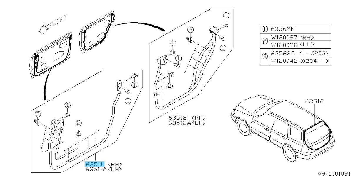 SUBARU FORESTER SG5 2003-2008 Genuine Front Door Weather Strip RH 63511SA000 OEM