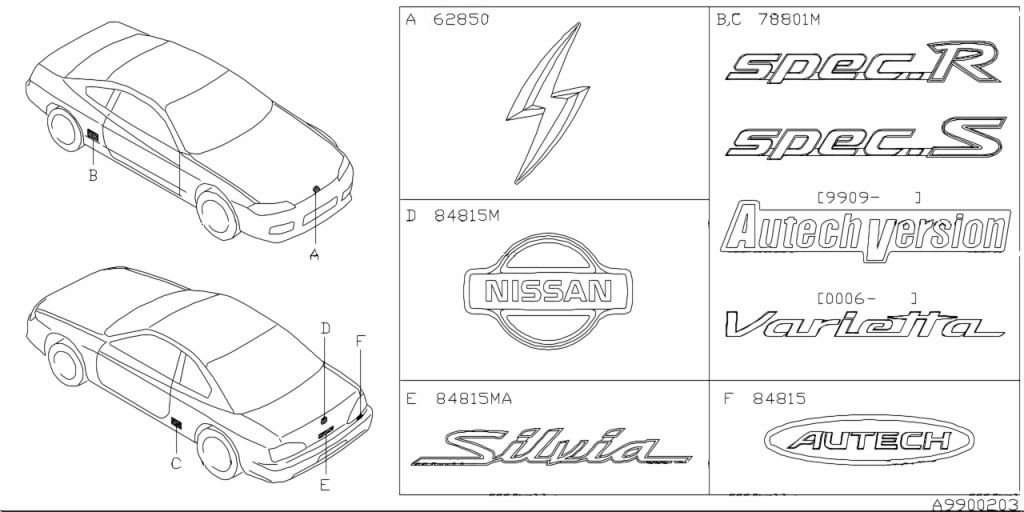 NISSAN SILVIA S15 Genuine Side "Spec R" Emblem Badge Chrome Set 78896-91F01 OEM