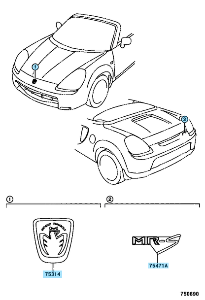 TOYOTA MR2 Roadster Spyder ZZW30 Genuine Front Blue & Rear MR-S Emblem Set OEM
