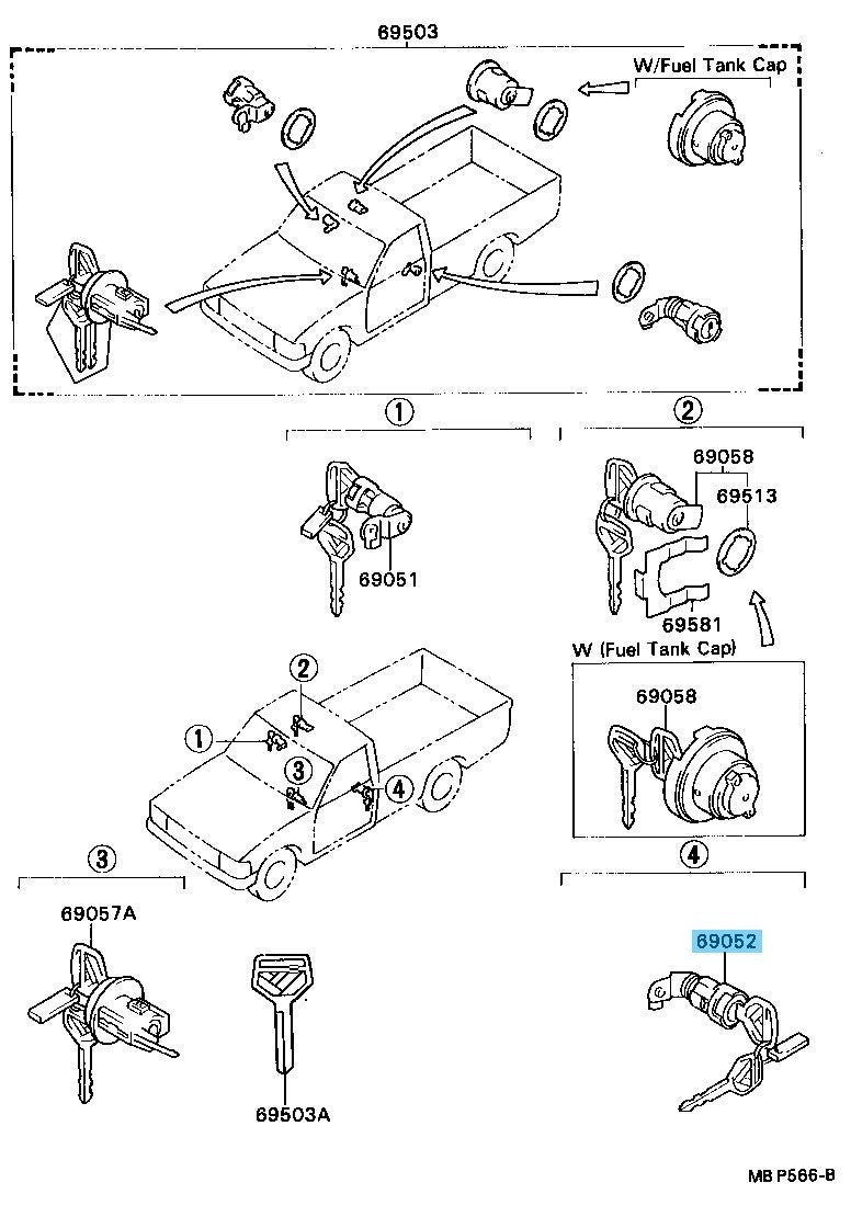 TOYOTA HILUX LN110L '89-97 Genuine Door Lock Cylinder & Key Set LH 69052-35050