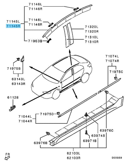 MITSUBISHI LANCER SPORTBACK CX#A 08-13 Genuine Roof Drip Molding RH 7400A170 OEM