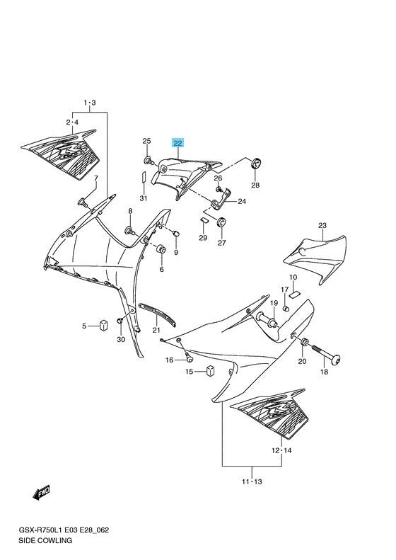 SUZUKI GSX-R750 11-17 Genuine Side Cowling Cover RH 94570-14J00 OEM