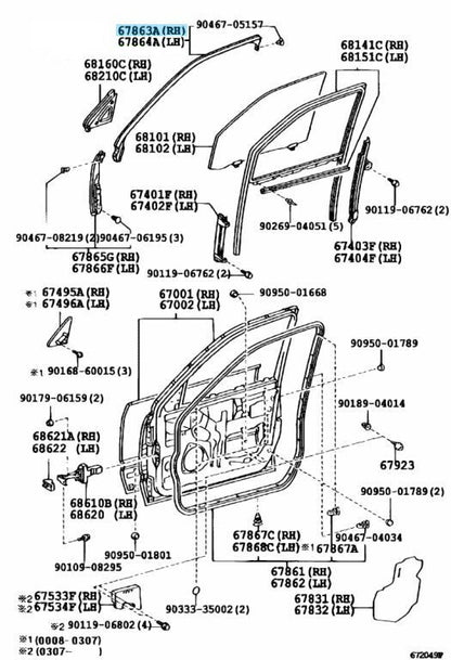 TOYOTA LEXUS LS430 01-06 Genuine Front Door Weatherstrip Upper RH 6786350030 OEM