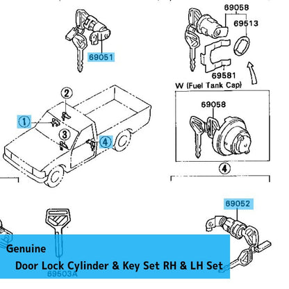 TOYOTA HILUX LN110L '89-97 Genuine Door Lock Cylinder & Key Set RH & LH Set OEM