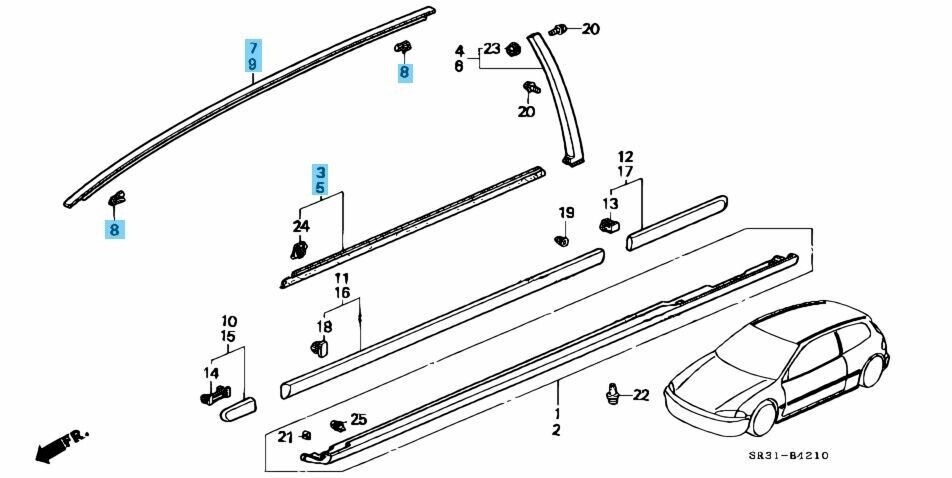 HONDA CIVIC EG6 Genuine Door Molding Outer & Roof Side Molding RH LH & 8Clip Set