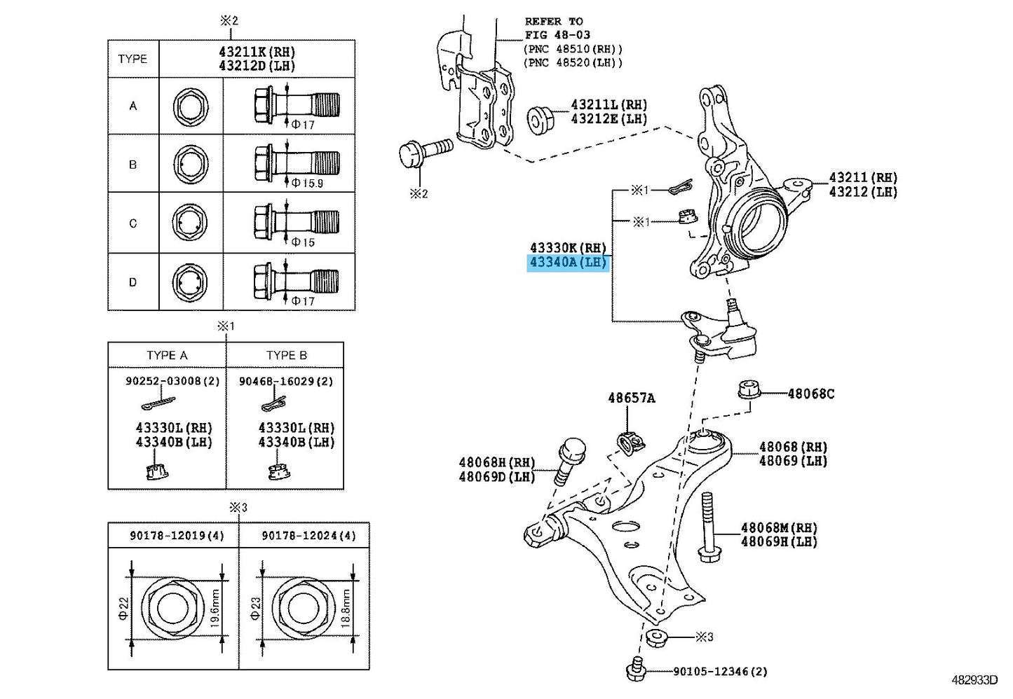 TOYOTA LEXUS RX350 RX450h 10-22 Genuine Front Lower Ball Joint Left 43340-49035