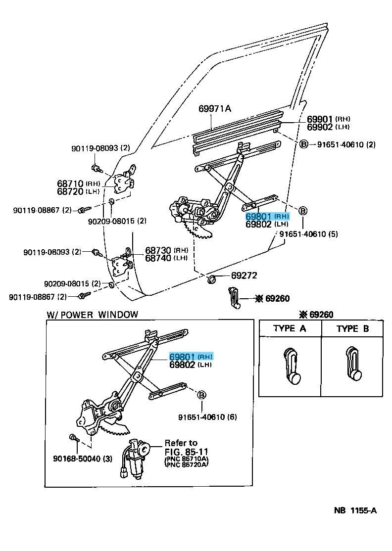 TOYOTA LAND CRUISER FZJ80 '91-97 Genuine Fr/Door Window Regulator RH 69801-60010