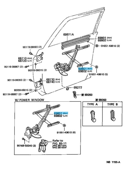 TOYOTA LAND CRUISER FZJ80 '91-97 Genuine Fr/Door Window Regulator RH 69801-60010