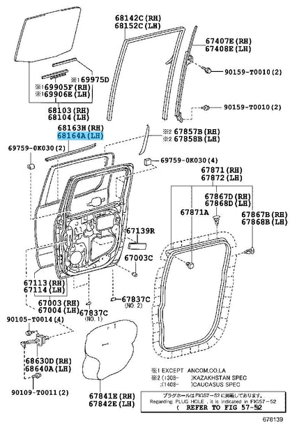 TOYOTA HILUX GGN25 Genuine Rr/Door Glass Weatherstrip Outer LH 68164-0K010 OEM