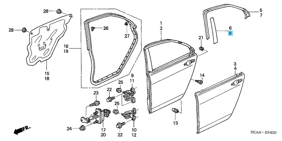 HONDA ACURA TSX 04-08 Genuine Rear Door Sash Center Tape LH 67866-SEA-003ZA OEM
