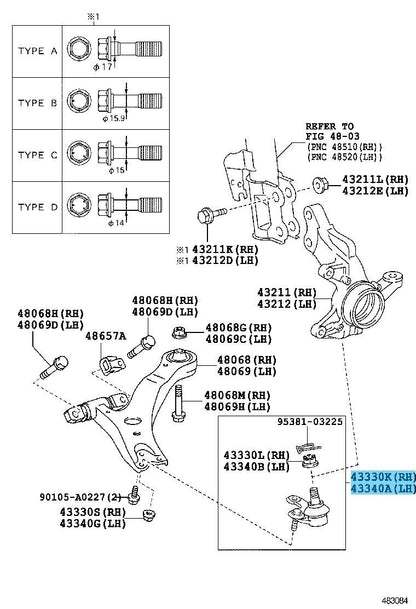 TOYOTA HIGHLANDER GSU40 10-19 Genuine Front Lower Ball Joint Assy RH & LH Set