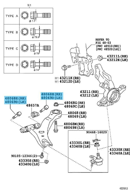 TOYOTA HIGHLANDER GSU40 01-13 Genuine F/Lower Arm Bolt 90105-16082 x4 Set OEM