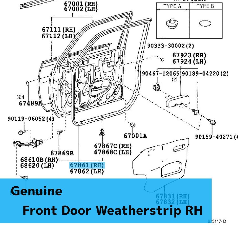 TOYOTA SCION NCP31 '04-05 Genuine Front Door Weatherstrip RH 67861-52041 OEM
