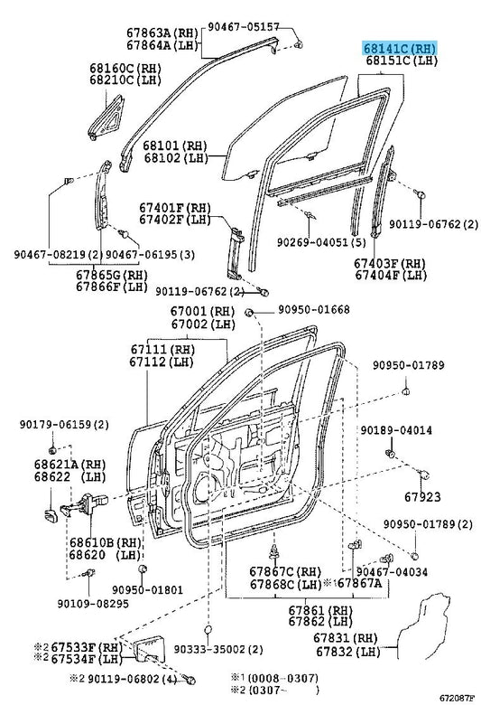 LEXUS LS430 UCF30 2001-2006 Genuine Front Door Glass Run RH 68141-50013 OEM