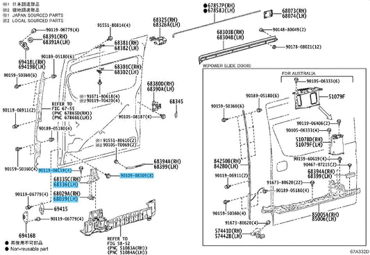 TOYOTA GRNVA GDH32# GRH32# Genuine Slide Door Lower Roller Base & Arm & Bolt Set