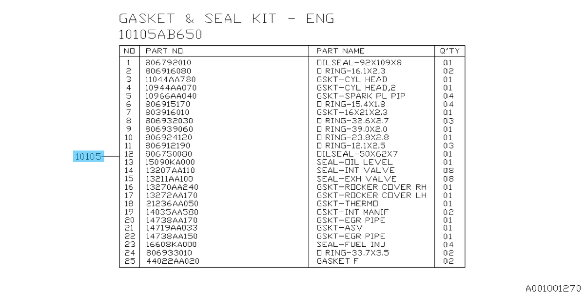 SUBARU XV Crosstrek GP 13-15 Genuine Engine Gasket & Seal Set 10105AC601 OEM