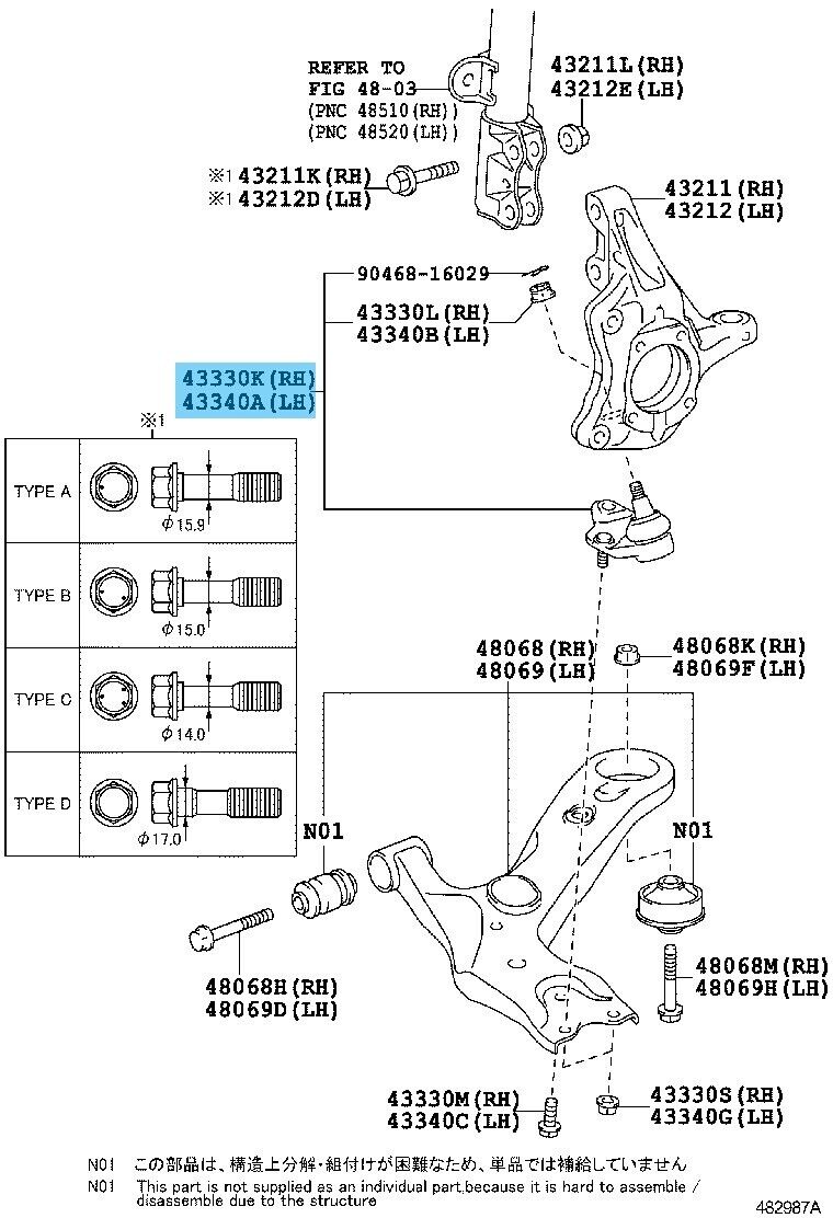 TOYOTA LEXUS CT200H ZWA10 11-17 Genuine FRONT LOWER BALL JOINT 43330-49185 OEM