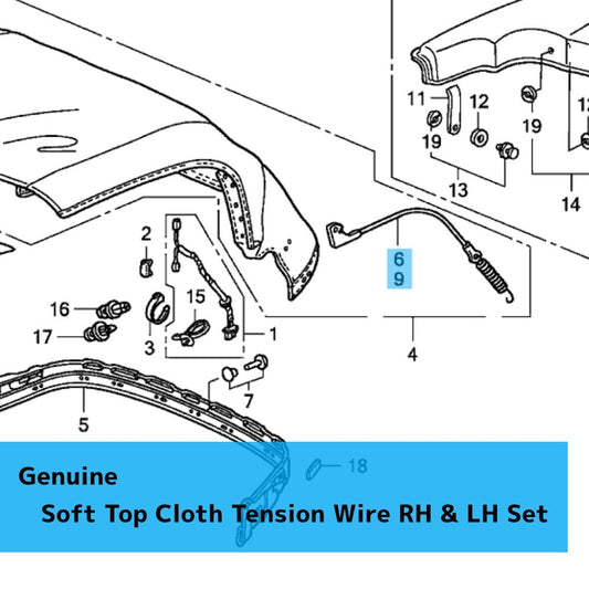 HONDA S2000 AP1 AP2 '03-09 Genuine Soft Top Cloth Tension Wire RH & LH Set OEM