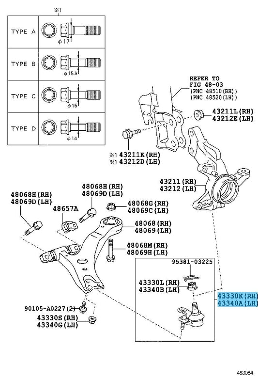 TOYOTA HIGHLANDER GSU40 10-19 Genuine Front Lower Ball Joint Assy RH & LH Set