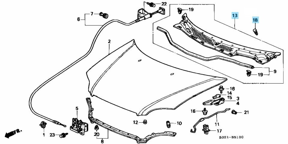 HONDA CIVIC TYPE-R EK9 EK 3D RHD Genuine Cowl Top 74200-S04-000 & 9 Clip Set OEM