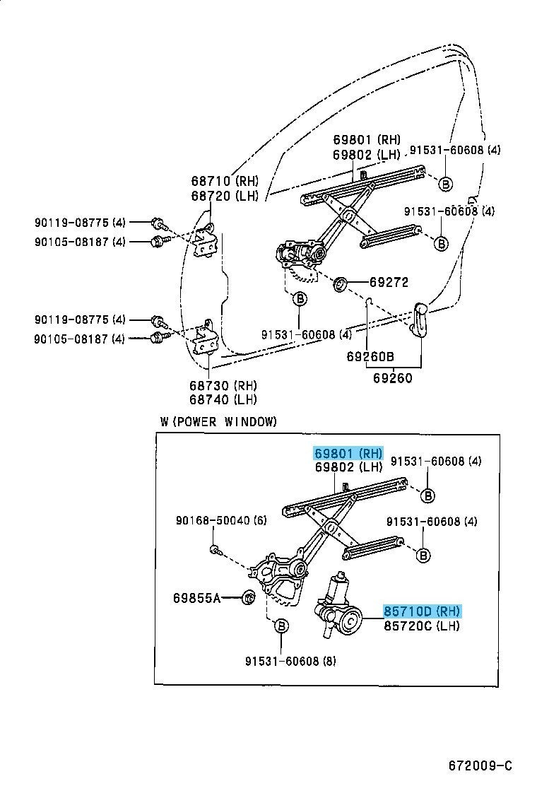 TOYOTA RAV4 ACA21 '01-05 Genuine Front Door Window Regulator & Motor RH Set OEM