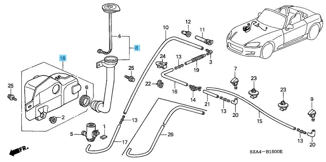 HONDA S2000 AP1 AP2 '00-09 Genuine Windshield Washer Reservoir & Hose Set OEM