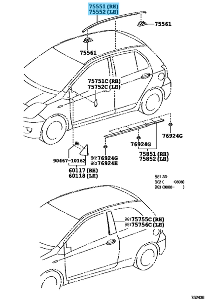 TOYOTA YARIS 06-11 Genuine Roof Drip Moulding 3D 4D Hatchback RH & LH Set OEM