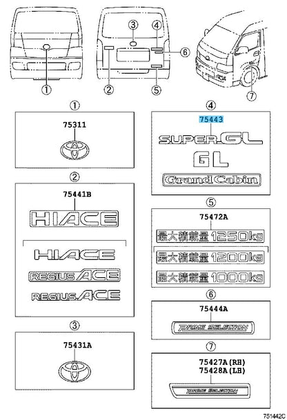 TOYOTA HIACE TRH200 Genuine Back Door Name Plate NO.3 75443-26041 OEM