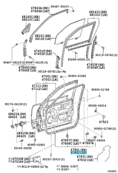 LEXUS LS430 UCF30 2001-2006 Genuine Front Door Weatherstrip LH 67862-50030 OEM