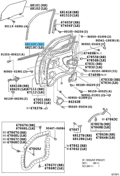 TOYOTA HIACE KDH220 '05-20 Genuine Front Door Glass Outer Weatherstrip Right OEM