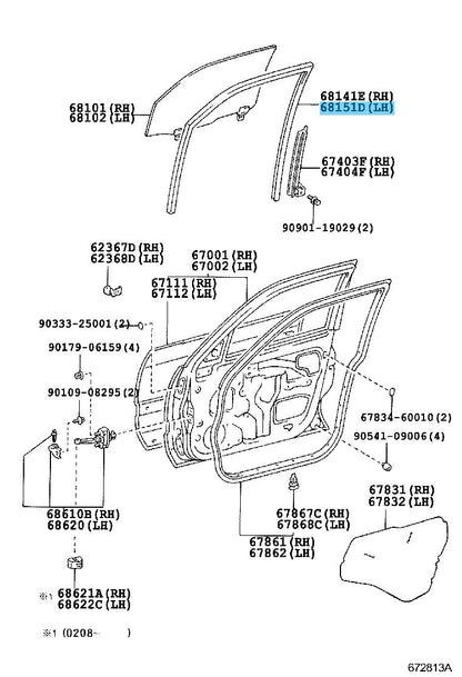 TOYOTA LAND CRUISER UZJ100 '98-07 Genuine Front Door Glass Run LH 68151-60032